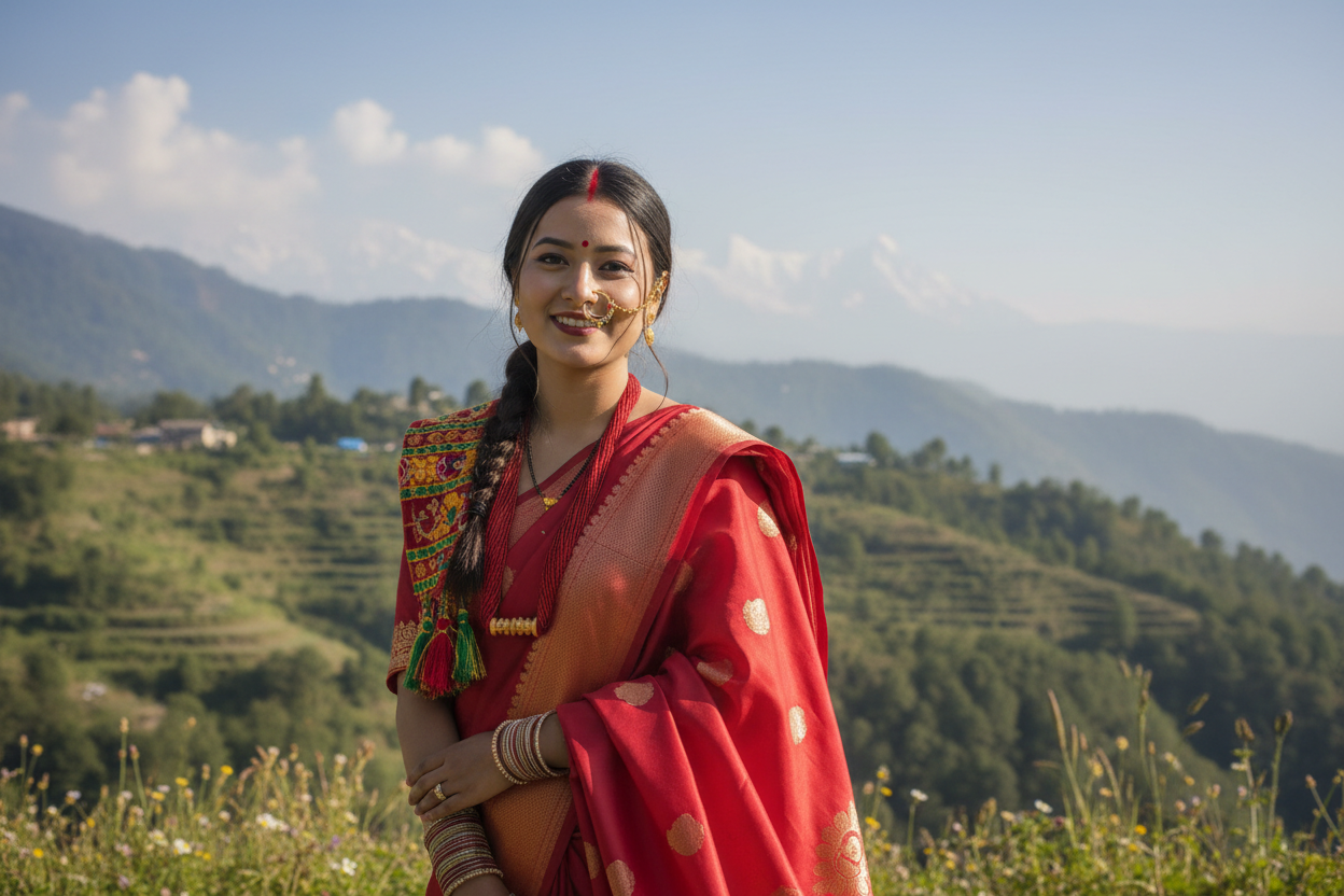 pahadi woomen weraing red saree pahadi nath & pichoda