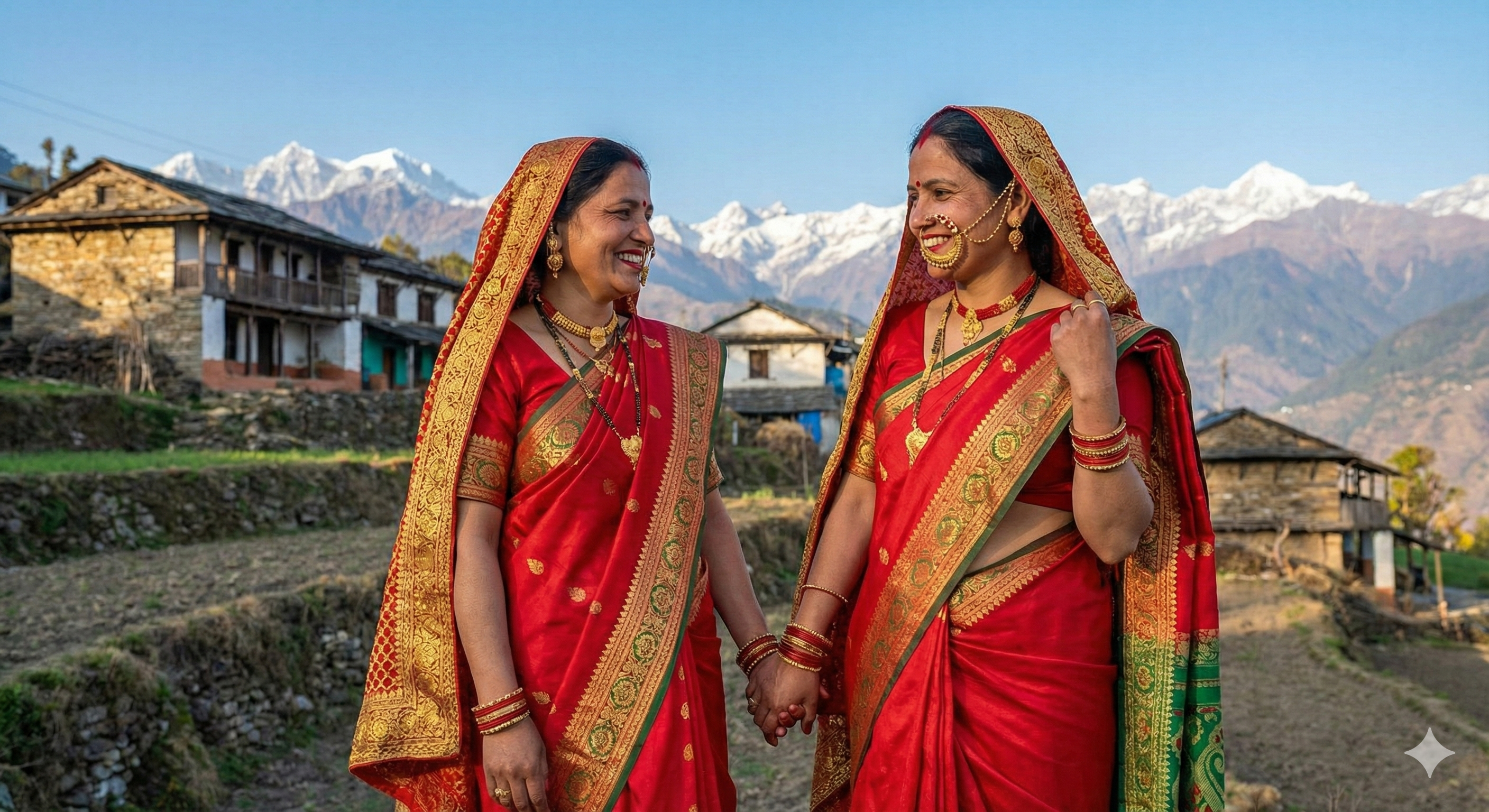 two-pahadi-women-wearing-beautiful-red-saree-pahadi-nath-kumaoni-pichoda